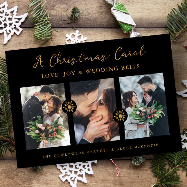 Black Minimalist Snowflakes Newlyweds 3 Photos Holiday Card (Black Minimalist Snowflakes Newlyweds First Christmas 3 Photos Collage In Faux Gold Holiday Card.)