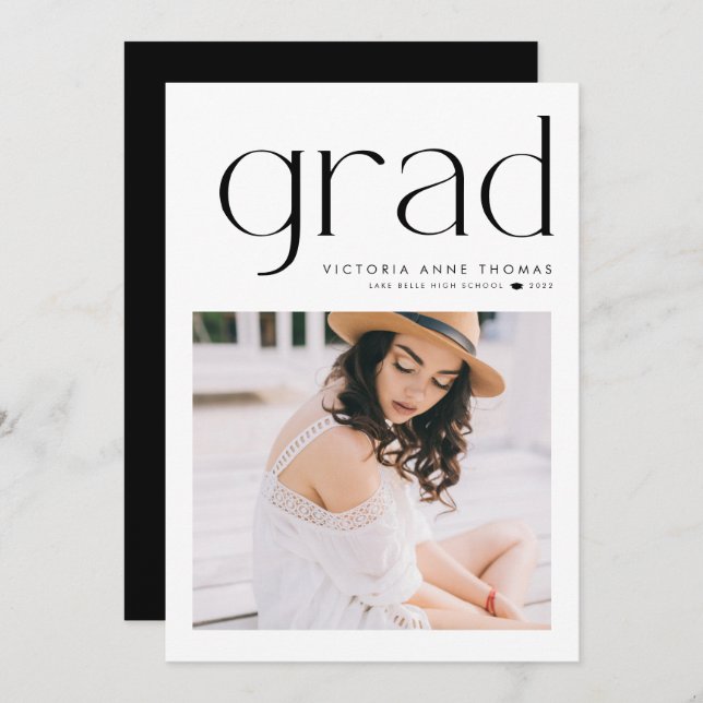 Black Minimalist Typography Photo Graduation Announcement (Front/Back)
