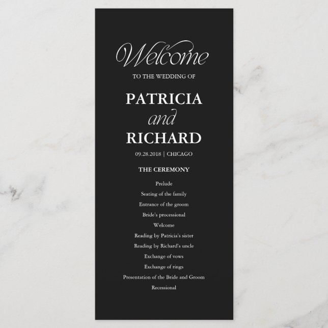 Black Minimalist Wedding Order of Service Program (Front)