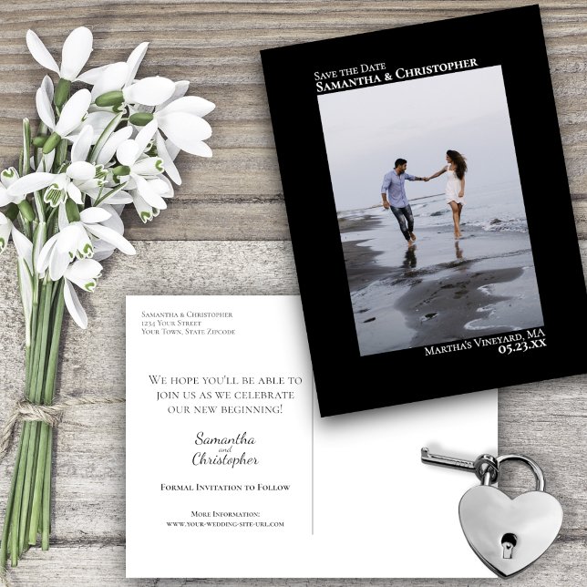 Black Minimalist Wedding Photo Save The Date Announcement Postcard (Creator Uploaded)