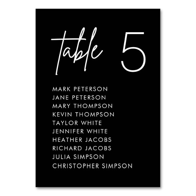 Black Minimalist Wedding Seating Chart Cards (Front)