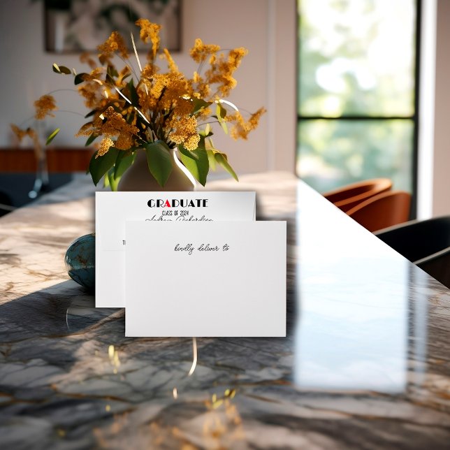 Black minimalist white red graduation name envelope (Creator Uploaded)