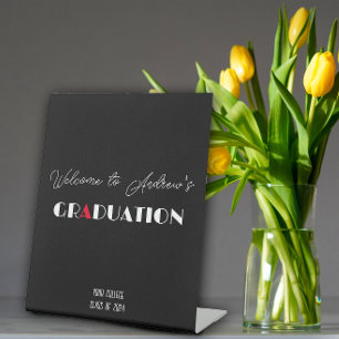 Black minimalist white red graduation name pedestal sign
