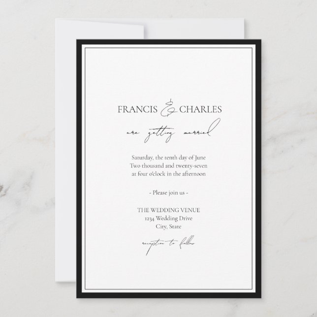 Black Minimalist with Border Wedding Invitation (Front)