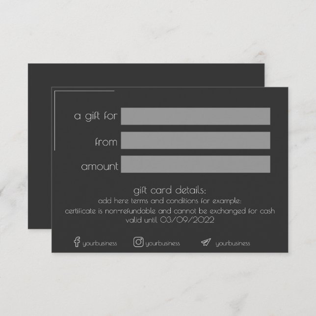 Black Minimalistic Business Gift Certificate Card (Front/Back)