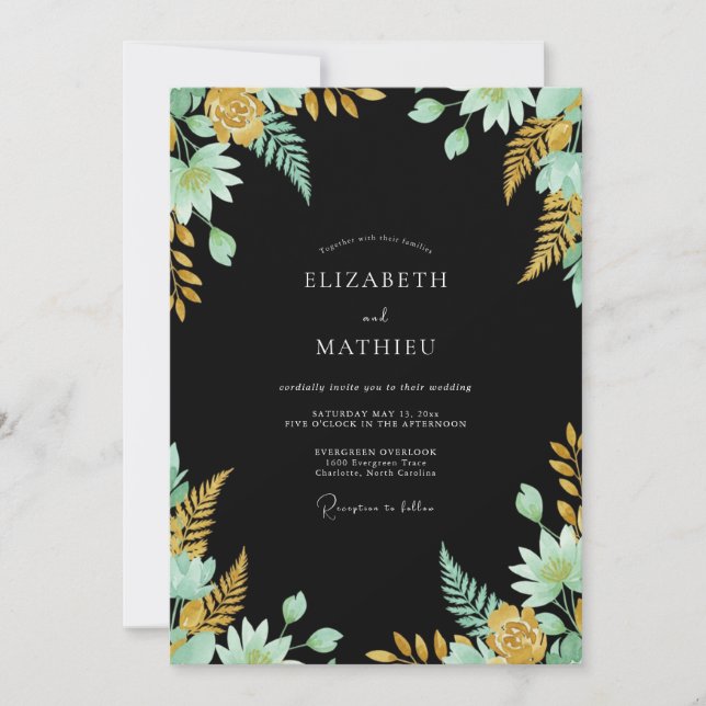 Black Mint Gilded Botanical Wedding Invitation (Front)