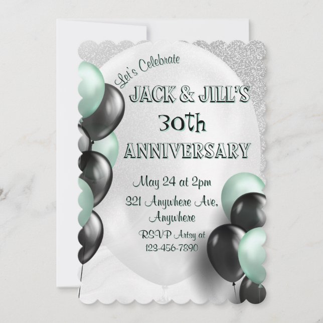 Black & Mint Green Balloons Invitation (Front)