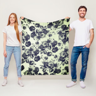 Black Mint Green Vintage Roses Floral Fleece Blanket