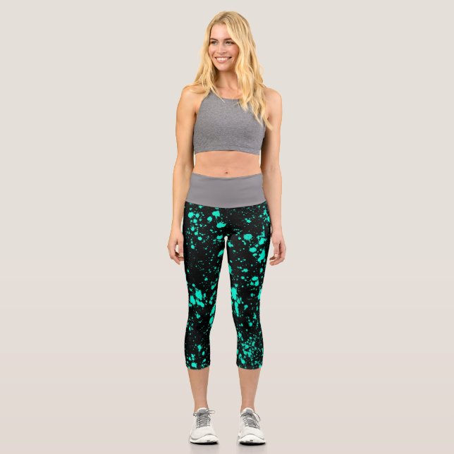 Black Mint Paint Splatter Artistic Splash Creative Capri Leggings (Front)