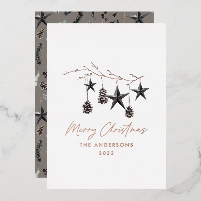 Black mocha modern scandi botanical Christmas Foil Holiday Card (Front/Back)