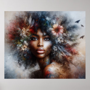 Black Model High Fashion Woman Beautiful Floral Poster