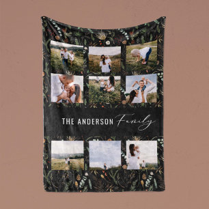 Black modern 9 photo watercolor botanical floral fleece blanket