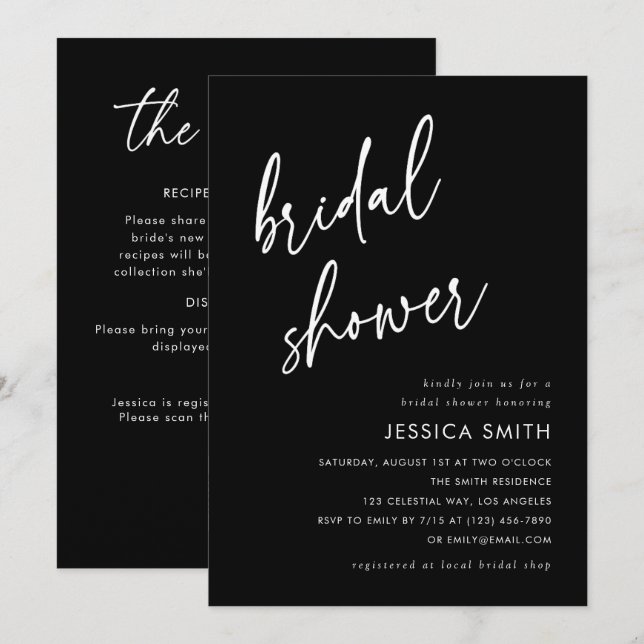 Black Modern All in One QR Code Bridal Shower Invitation (Front/Back)