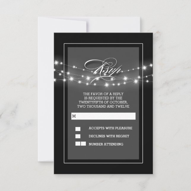 Black modern and elegant string lights RSVP card (Front)