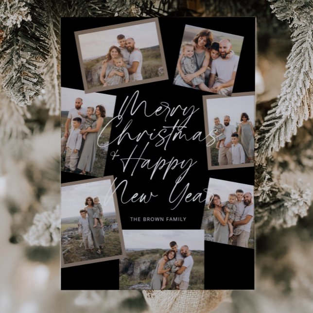 Black Modern Boho 8 Photo Collage Christmas  Holiday Card (Creator Uploaded)