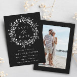 Black Modern Boho Wildflower Wedding Photo Save The Date<br><div class="desc">This elegant wedding save the date card features wildflowers silhouette wreath with your photo on the back.  For more advanced customisation of this design,  please click the BLUE DESIGN TOOL BUTTON above!</div>
