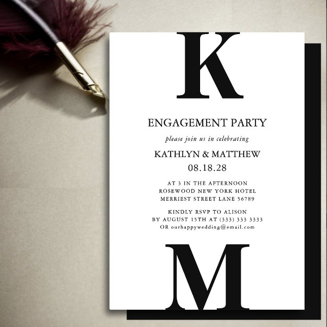 Black Modern Bold Monogram Engagement Party Invitation (Creator Uploaded)