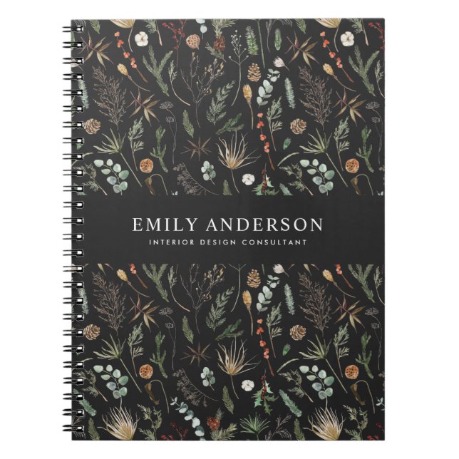 black modern botanical elegant contemporary notebook (Front)