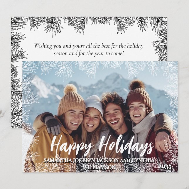 Black Modern Botanical Family Photo Christmas Holiday Card (Front/Back)
