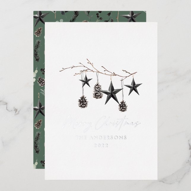 Black modern botanical green Christmas Foil Holiday Card (Front/Back)