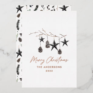 Black modern botanical real foil Christmas Holiday Card