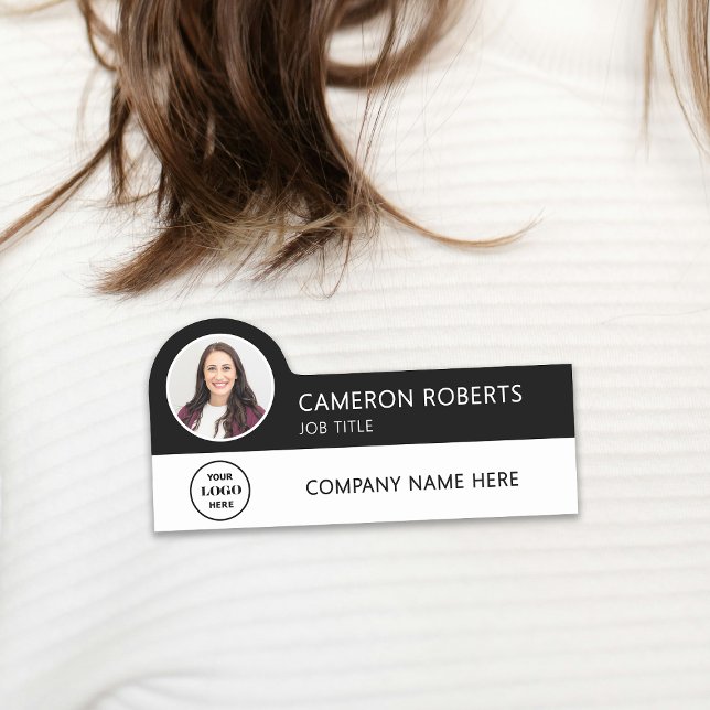 Black Modern Business Logo Photo Employee Name Tag (Creator Uploaded)