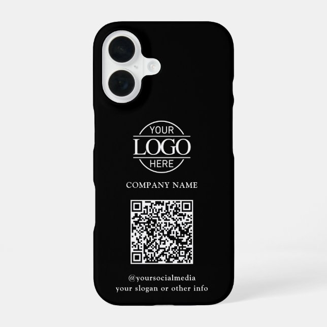 Black Modern Business Logo & QR Code Promotional iPhone 16 Case (Back)