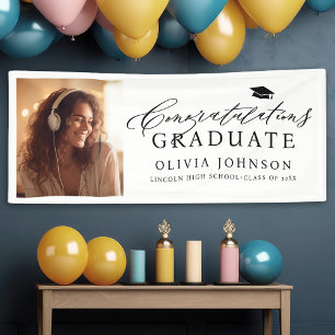 Black Modern Calligraphy Photo Graduation Party Banner