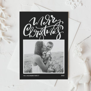 Black Modern Calligraphy Photo Merry Christmas Holiday Card