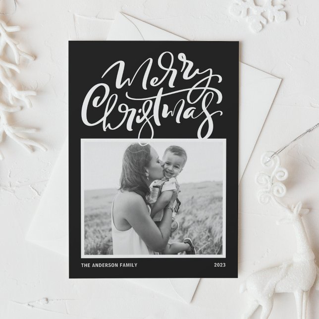 Black Modern Calligraphy Photo Merry Christmas Holiday Card (Creator Uploaded)