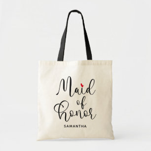 Black Modern Calligraphy Red Heart Maid of Honour Tote Bag