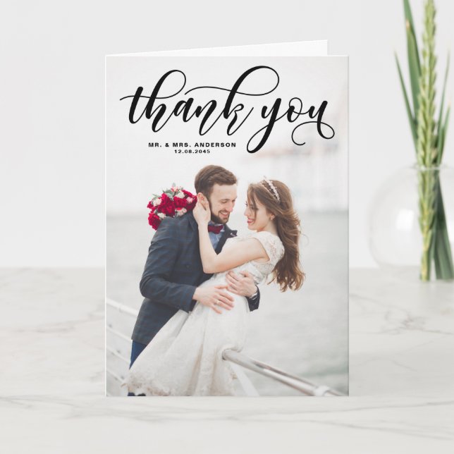 Black Modern Calligraphy Wedding Photo Thank You Card (Front)