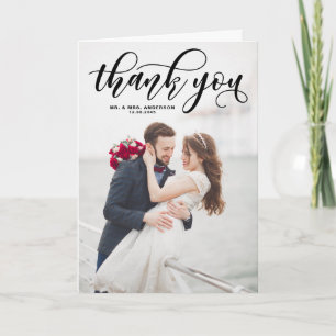 Black Modern Calligraphy Wedding Photo Thank You Card