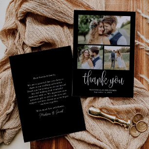 Black Modern Calligraphy Wedding Three Photo Thank You Card