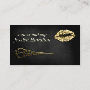 Black modern chic faux gold lips scissors business card