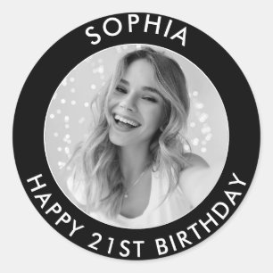 Black Modern Classic Happy 21st Birthday Photo Classic Round Sticker