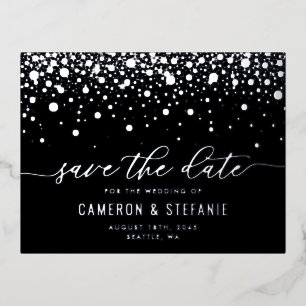 Black Modern Confetti Silver Foil Save the Date Foil Invitation Postcard