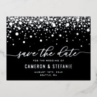 Black Modern Confetti Silver Foil Save the Date