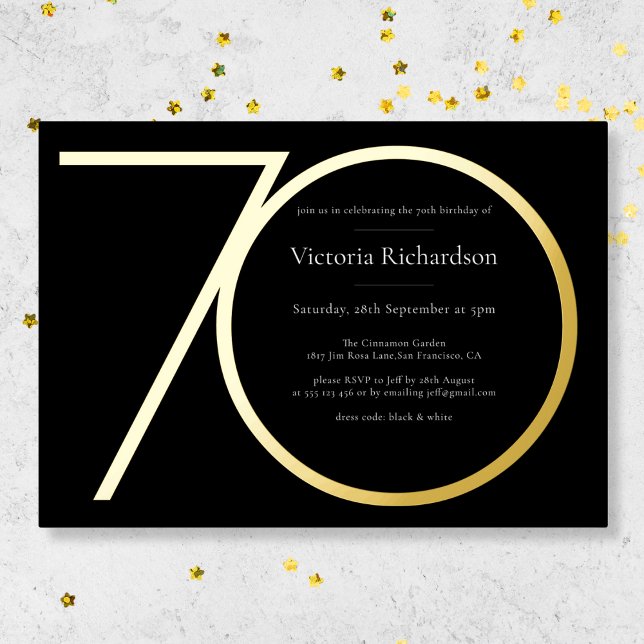 Black Modern Custom Minimalist 70th Birthday Gold  (Mockup View)