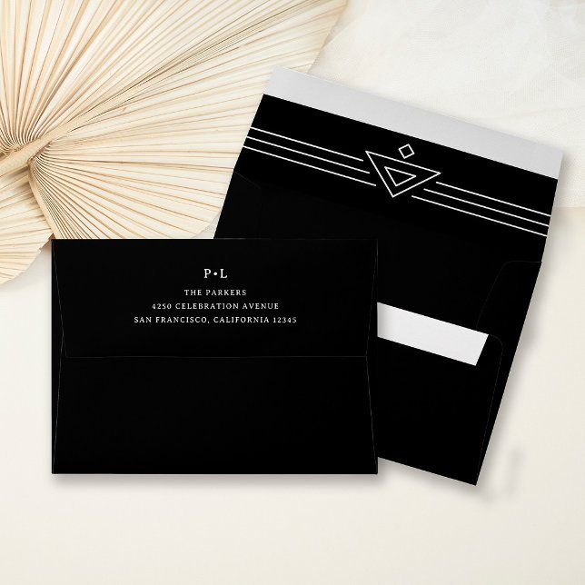 Black Modern Deco | Elegant Monogram Wedding Envelope (Creator Uploaded)