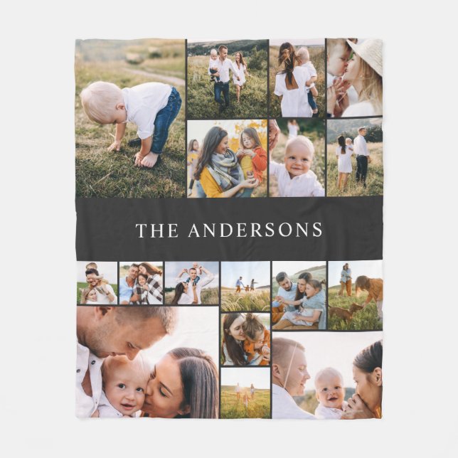 black modern elegant 17 photo personalised modern fleece blanket (Front)