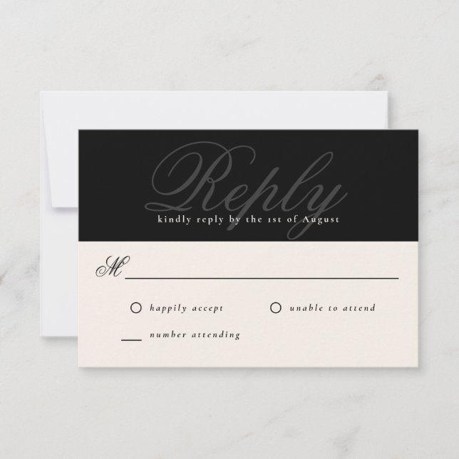 Black Modern Elegant Minimal Monogram Wedding RSVP Card (Front)