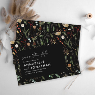 Black modern elegant moody botanical chic wedding save the date