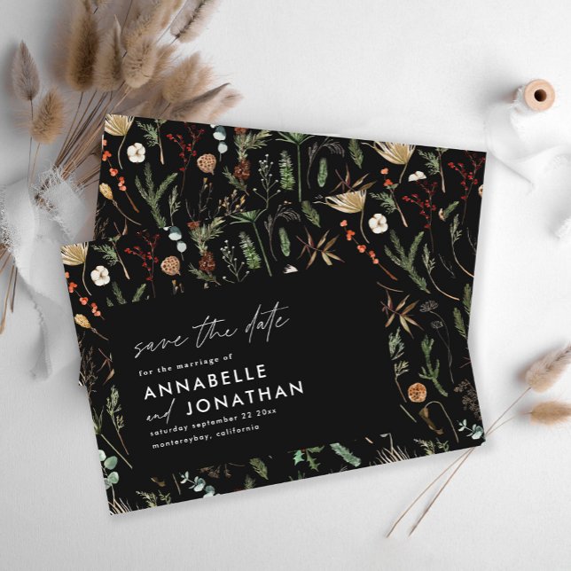 Black modern elegant moody botanical chic wedding save the date (Creator Uploaded)