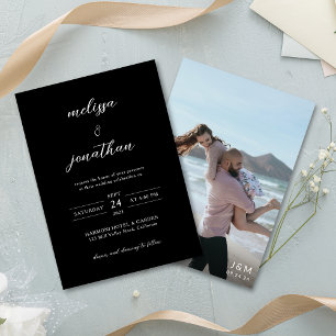 Black Modern Elegant Photo Script Monogram Wedding Invitation