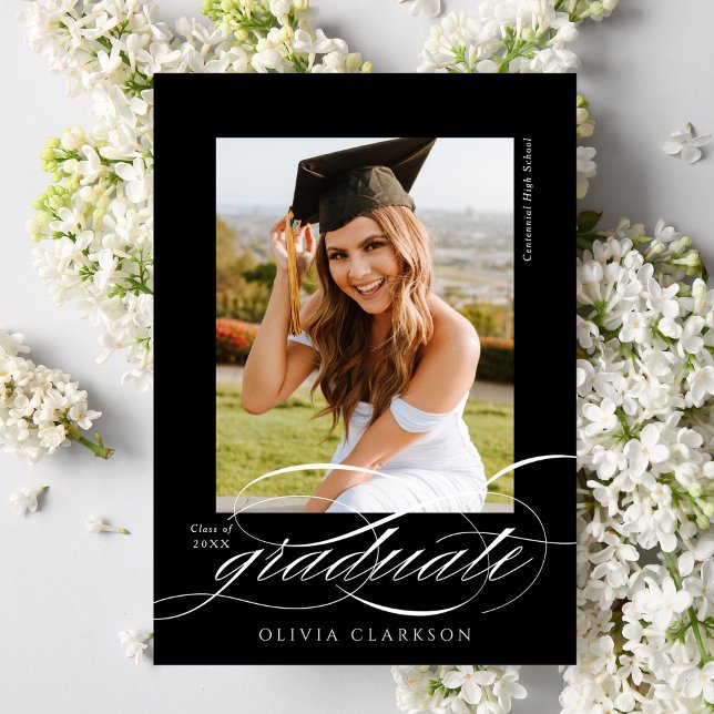 Black Modern Elegant Script Photo Graduation Announcement (Creator Uploaded)