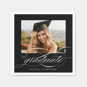 Black Modern Elegant Script Photo Graduation Party Napkin