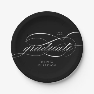 Black Modern Elegant Script Photo Graduation Party Paper Plate