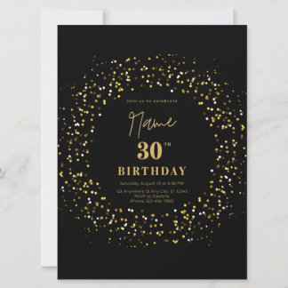 Black modern elegant simple glitter 30th birthday 