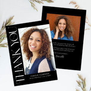 Black Modern Elegant Vertical Two Photo Graduation Thank You Card